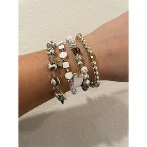 Erimish Womens Beaded Stretch Bracelet Stack Gold White Marble Tusk Spike 4pc #3
